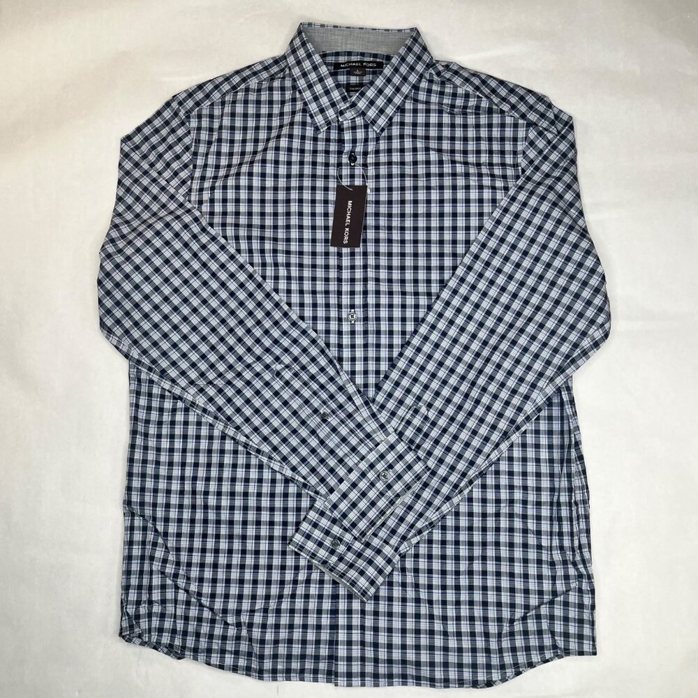 Michael Kors Mens Tailored Fit Blue Dark Plaid Long Sleeve Shirt Size Large
